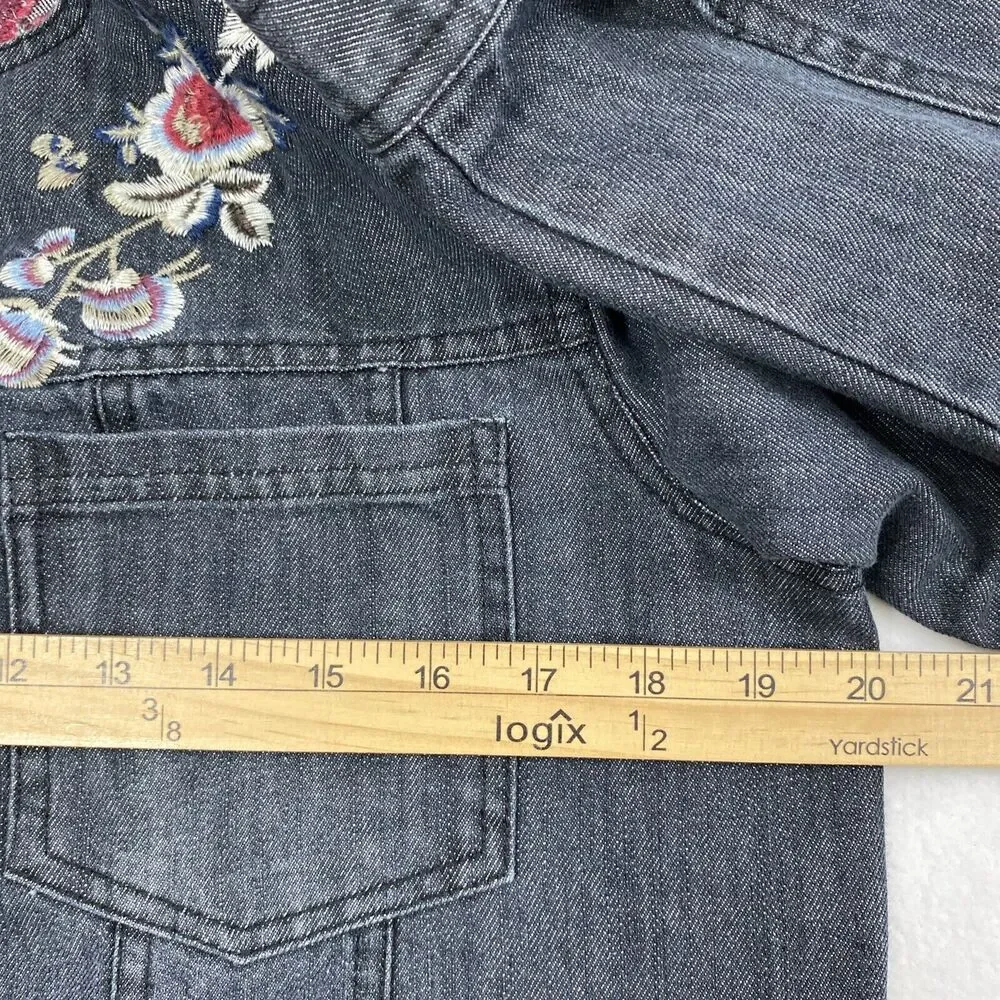 Hannah Jean Jacket Womens Small Black Denim Floral Embroidered Button Down - Picture 7 of 15